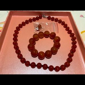 Red natural stone bracelet, necklace, earrings set